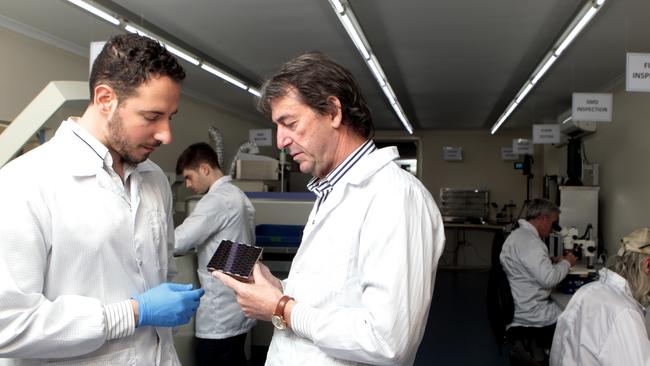 RayGen in Blackburn, a solar panels company, has just won a state award for exporting. Left to right researcher David Shirley and Dr John Lasich in their research laboratory. Picture: Richard Serong