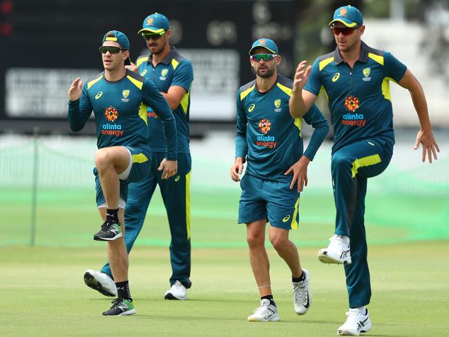 (L-R) Tim Paine, Mitchell Starc, Nathan Lyon and Josh Hazlewood of Australia run during a training session ahead of the first test between Australia and Pakistan. Picture: Chris Hyde/Getty Images