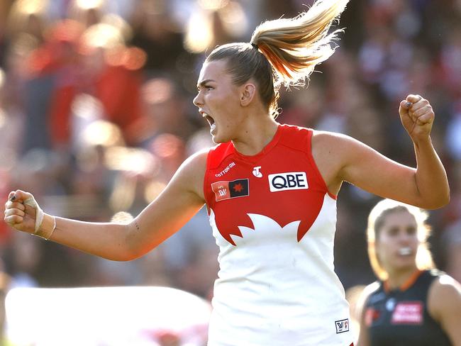 Sydney's Ally Morphett celebrates kicking a goal  during the AFLW Round 1 Sydney Derby match   between the Sydney Swans and GWS Giants at North Sydney Oval on September 3, 2023. Photo by Phil Hillyard(Image Supplied for Editorial Use only - **NO ON SALES** - Â©Phil Hillyard )