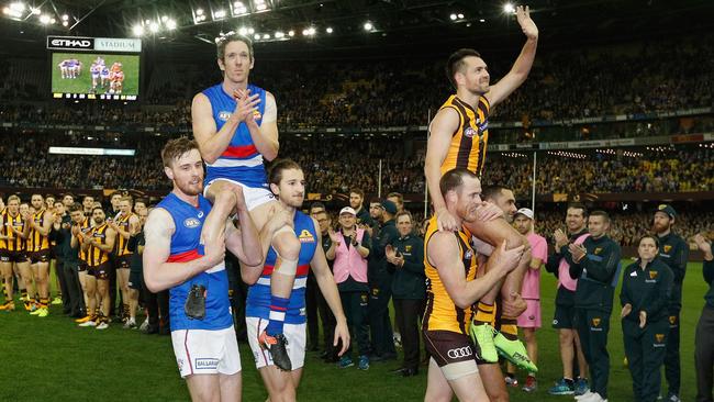 Robert Murphy and Luke Hodge leave the ground together. Picture: Getty Images