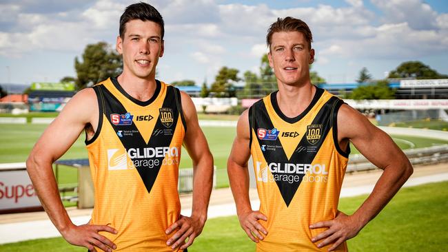 Lachie Hosie, right, booted one goal in his return to the SANFL. Picture: Mike Burton