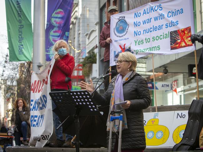 ADELAIDE, AUSTRALIA - NewsWire Photos AUGUST 5, 2022: Greens Senator Barbara Pocock speaks at a Rally protesting the AUKUS alliance, with the message ÃNo more HiroshimasÃ on the anniversary of the use of the Nuclear Weapons on Japan in 1945. The Rally was held at Rundle Mall, King William Street, SA. Picture NCA NewsWire / Emma Brasier