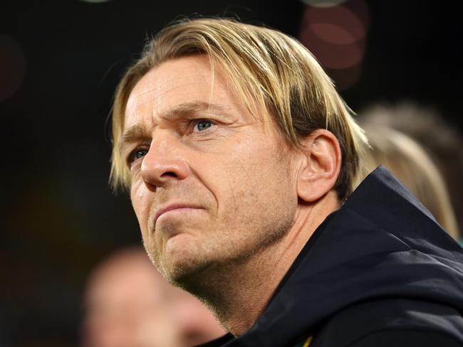 BRISBANE, AUSTRALIA - AUGUST 19: Tony Gustavsson, Head Coach of Australia, looks on the FIFA Women's World Cup Australia & New Zealand 2023 Third Place Match match between Sweden and Australia at Brisbane Stadium on August 19, 2023 in Brisbane, Australia. (Photo by Justin Setterfield/Getty Images)