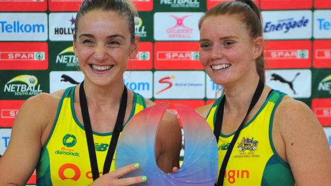 Liz Watson (Captain) and Stephanie Wood of Australia with the Quad Series trophy in South Africa in January. With the Proteas involved in other competition and Wood now retired from international netball, the Diamonds face a new challenge in 2024. Photo: Getty Images