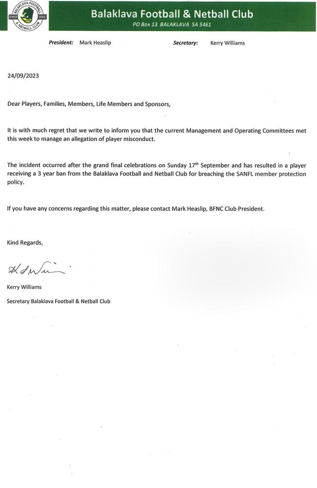 Letter from the Balaklava Football and Netball Club to members about a player receiving a three year ban from the club for misconduct. Picture: Supplied