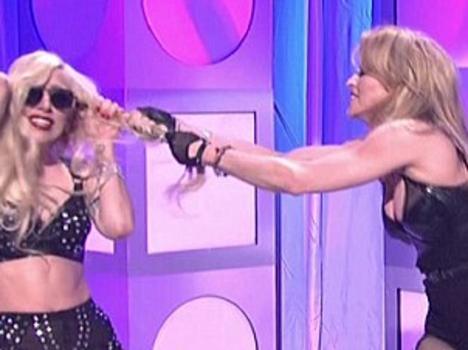 Singers Madonna and Lady GaGa fight as part of a comdey skit on the TV show Saturday Night Live.