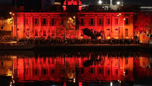 The Ogoh-Ogoh procession along the Hobart waterfront at the climax of this year’s Dark Mofo. Picture: LUKE BOWDEN