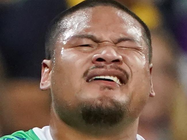 Joey Leilua of the Raiders reacts after his run for a try was stopped by the referee during the NRL Second Qualifying match between the Melbourne Storm and the Canberra Raiders at AAMI Park in Melbourne, Saturday, September 14, 2019. (AAP Image/Michael Dodge) NO ARCHIVING, EDITORIAL USE ONLY