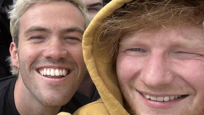 Ed Sheeran posed for a photo with fan Jake as he touched down in Adelaide. Picture: Twitter/Jake (@taylorsrep13)