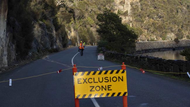 Removal of rock on the Tasman Highway near Orford. Picture ABC News Luke Bowden