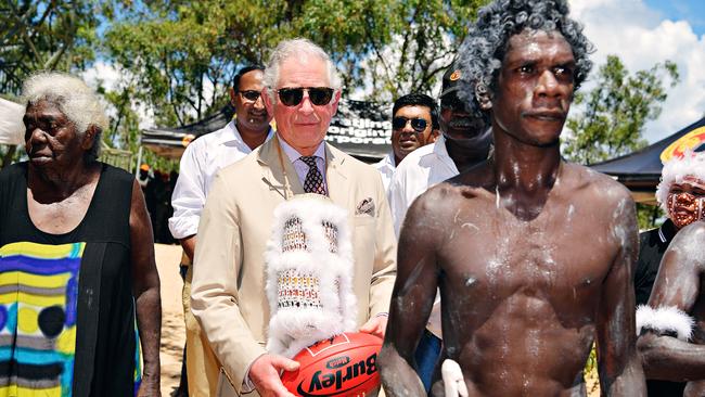 2018: His Royal Highness Prince Charles is welcomed to country with a sacred 'Wuyal' ceremony. Picture: Michael Franchi