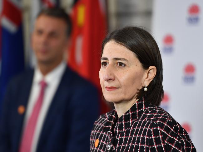 NSW Premier Gladys Berejiklian and Minister for Transport Andrew Constance brief the media on the COVID-19 pandemic and easing of restrictions. Picture: AAP