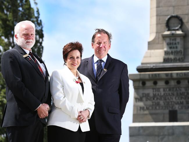 L-R RSL state president Robert Dick, Hobrt Lord Mayor Sue Hickey and Cenotaph Reference Group chairman Jeff Briscoe. An eternal flame will be built at the Hobart Cenotaph to be ready for ANZAC Day 2015. Picture: NIKKI DAVIS-JONES