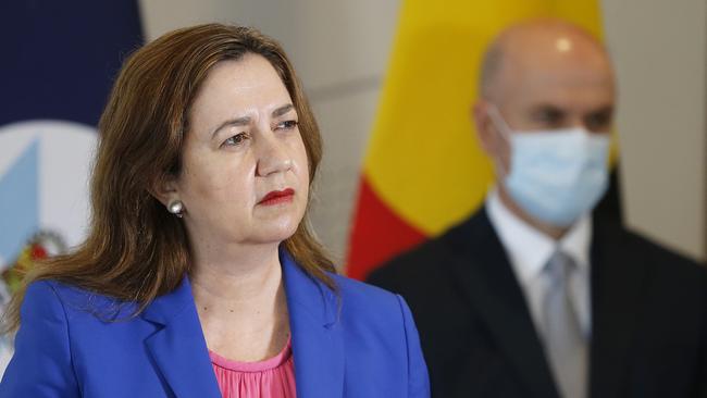 Premier Annastacia Palaszczuk pictured addressing the media at One William Street regarding the latest on the Covid-19 outbreak. Picture: NCA NewsWire / Josh Woning