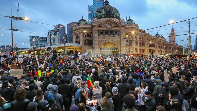 Crowds gathered for the Black Lives Matter protest despite restrictions. Picture: Alex Coppel.