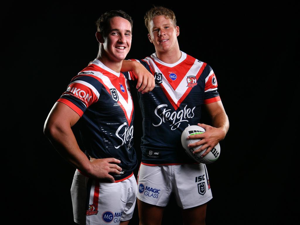 Nat Butcher (L) with his brother Egan (R) in 2019. Picture: NRL imagery.