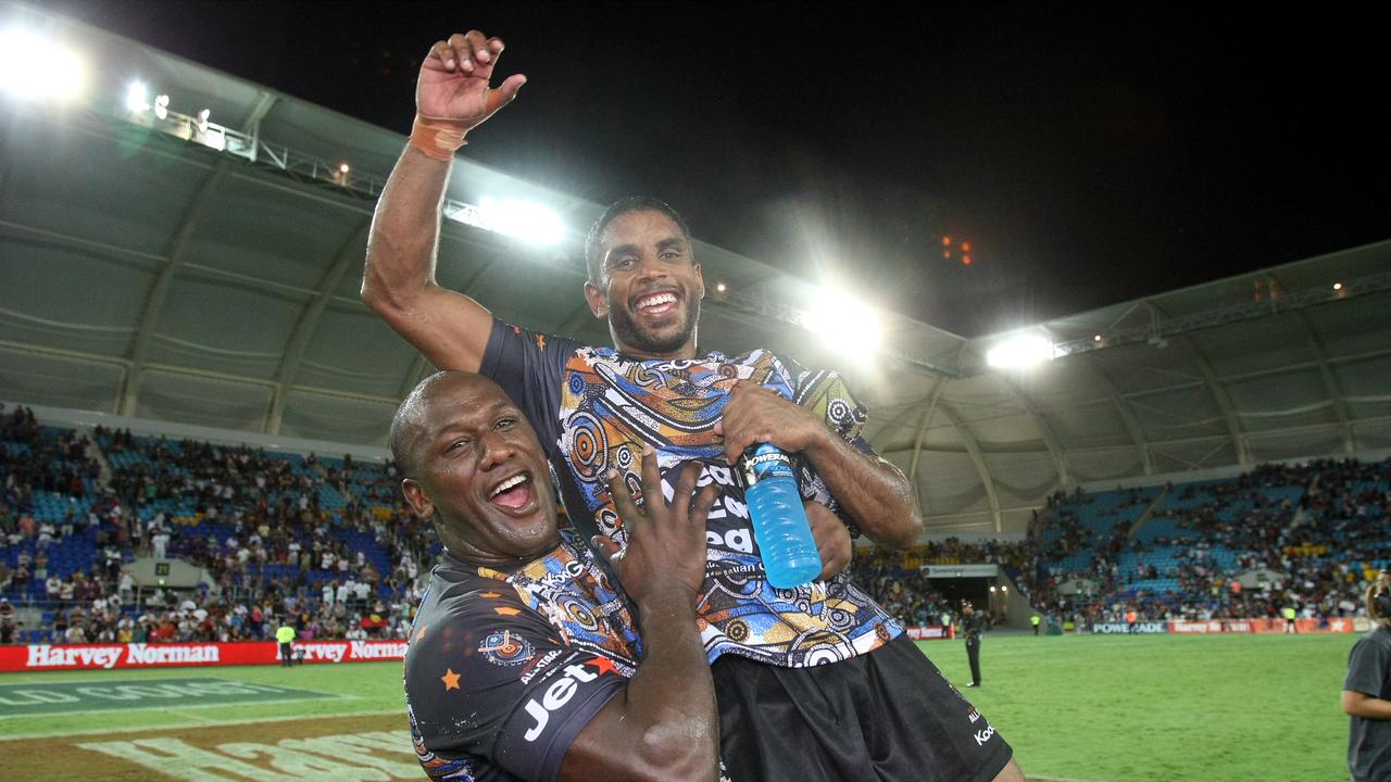 Wendell Sailor and Preston Campbell after the first Indigenous All Stars game in 2010.