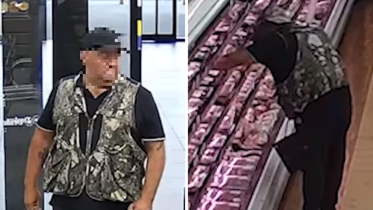 An alleged thief has been caught on security footage stealing thousands of dollars worth of meat from 15 different supermarkets.