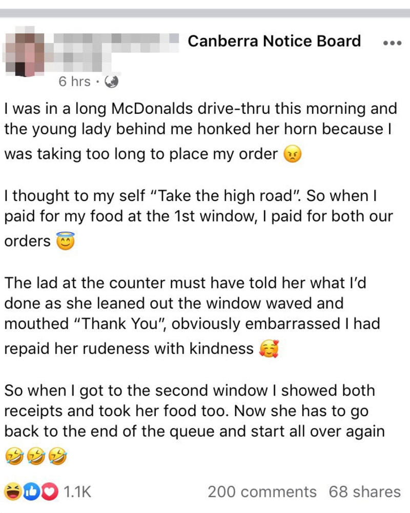 A woman posted to a Canberra Facebook group revealing she had got revenge on a rude driver who honked at her for being too slow. Picture: Facebook / Canberra Notice Board