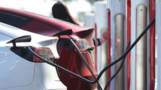 Tesla electric vehicles (EVs) recharge at a Tesla Supercharger station. Picture: MARIO TAMA / GETTY IMAGES NORTH AMERICA