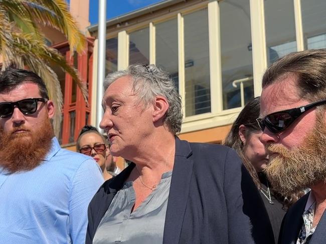 Northern Rivers mum Julie Gronow speaks alongside family outside Lismore Courthouse after Rayne Aylward, 20, the killer of her son Ned Gronow, 17, was sentenced in the NSW Supreme Court on Tuesday, July 30, 2024. Picture: Cath Piltz/NewsLocal