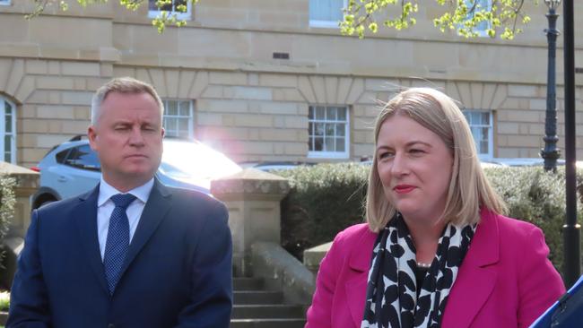 Health Department Secretary Kathrine Morgan-Wicks and Health Minister Jeremy Rockliff speak to the media in Hobart on Monday, September 6, 2021.