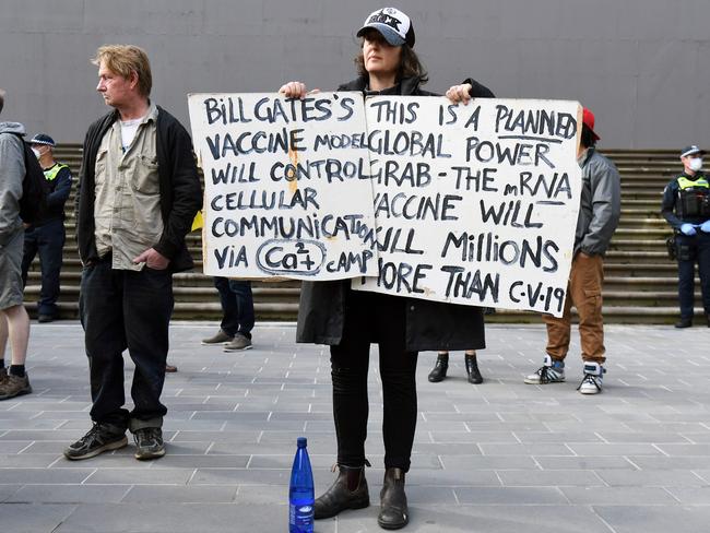 Hundreds of people gathered to protest the state's tough lockdown laws as well as 5G, vaccinations and coronavirus being a hoax. Picture: AFP