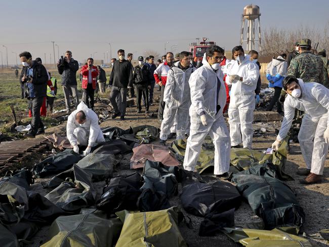 Forensic investigators work at the scene of a Ukrainian plane crash as bodies of victims are collected. Picture: AP