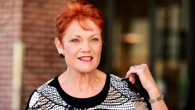 Pauline Hanson talks to the media in Townsville. Picture: Alix Sweeney