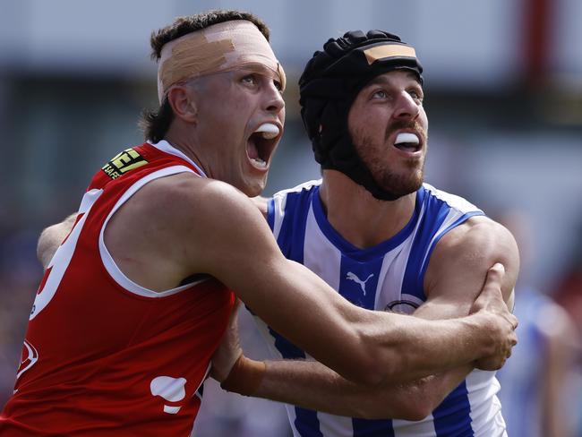 MELBOURNE , AUSTRALIA. March 3, 2024.  AFL. Community Cup series. St Kilda vs North Melbourne at RSEA Park, Moorabbin.  Rowan Marshall of the Saints and Tristan Xerri of the Kangaroos battle in the ruck     . Pic: Michael Klein