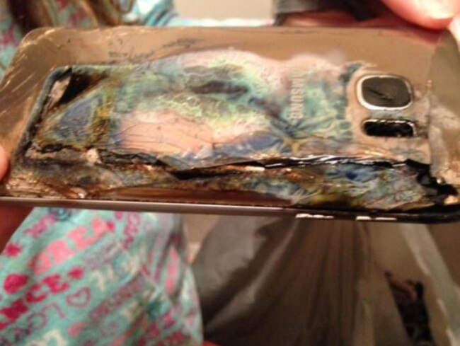 A burnt Samsung phone that exploded in a kid's bedroom. Picture: Supplied