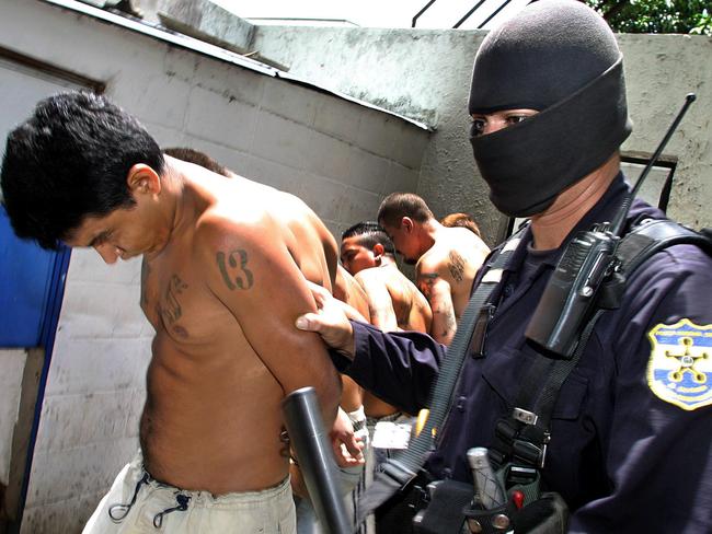 Mara Salvatrucha gang members detained during an anti-gang operation in San Salvador. Picture: AFP/ Roberto Escobar.