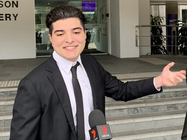 Student activist Drew Pavlou (L) pictured with his barrister Tony Morris QC outside of the University of Queensland on Wednesday, May 20, 2020. , , Picture: Michael McKenna