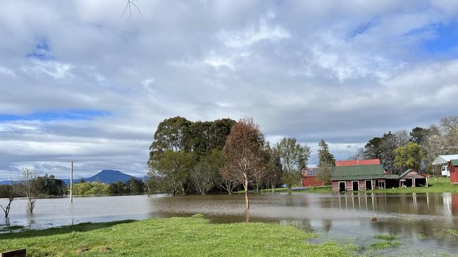 Flooding at Drumreagh Cabins at Deloraine has cut the property off in two directions. Picture: Melissa Sherriff