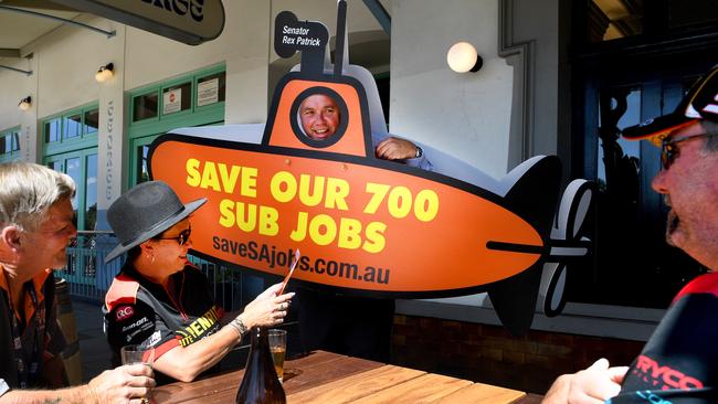 Senator Rex Patrick, dressed as a submarine looking for signatures for a petition in the East End. Picture: Tricia Watkinson