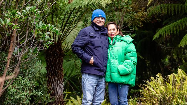 Queensland tourists Rafael and Erlie Santiago at the Royal Botanical Gardens, Hobart. Picture: Linda Higginson