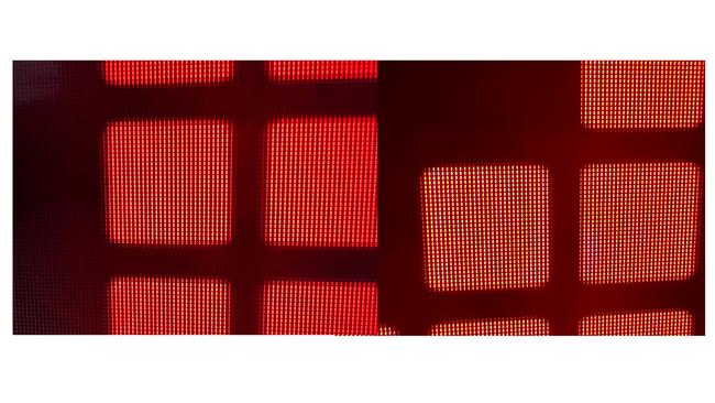 Close up of LG 2022 TV pixels – left QNED, right G2 OLED. Photo: Chris Griffith.<br/> Click on the image to enlarge.