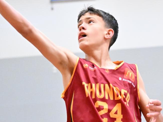 Logan Thunder player Taylor Murray shoots under pressure from Willetton Tigers defender Xavier Barnard at the 2024 Basketball Australia Under-14 Club Championships. Picture: Basketball Australia/Peter Kakalias