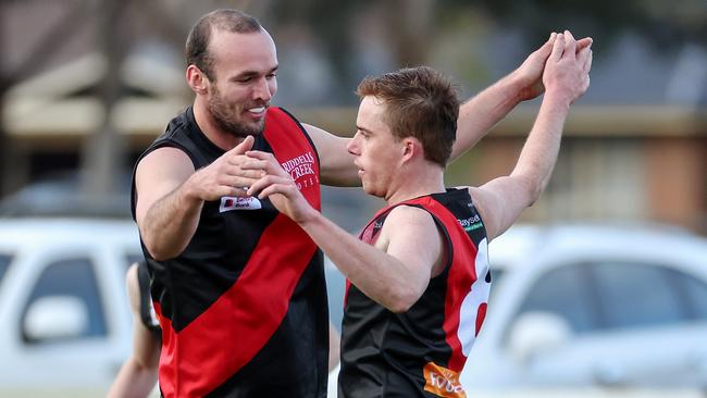 RDFL footy: Riddell v Melton Centrals at Riddell Creek Recreation Reserve. 4th June 2022.  Tommy Alkemade of Riddell celebrates his goal.Picture : George Sal