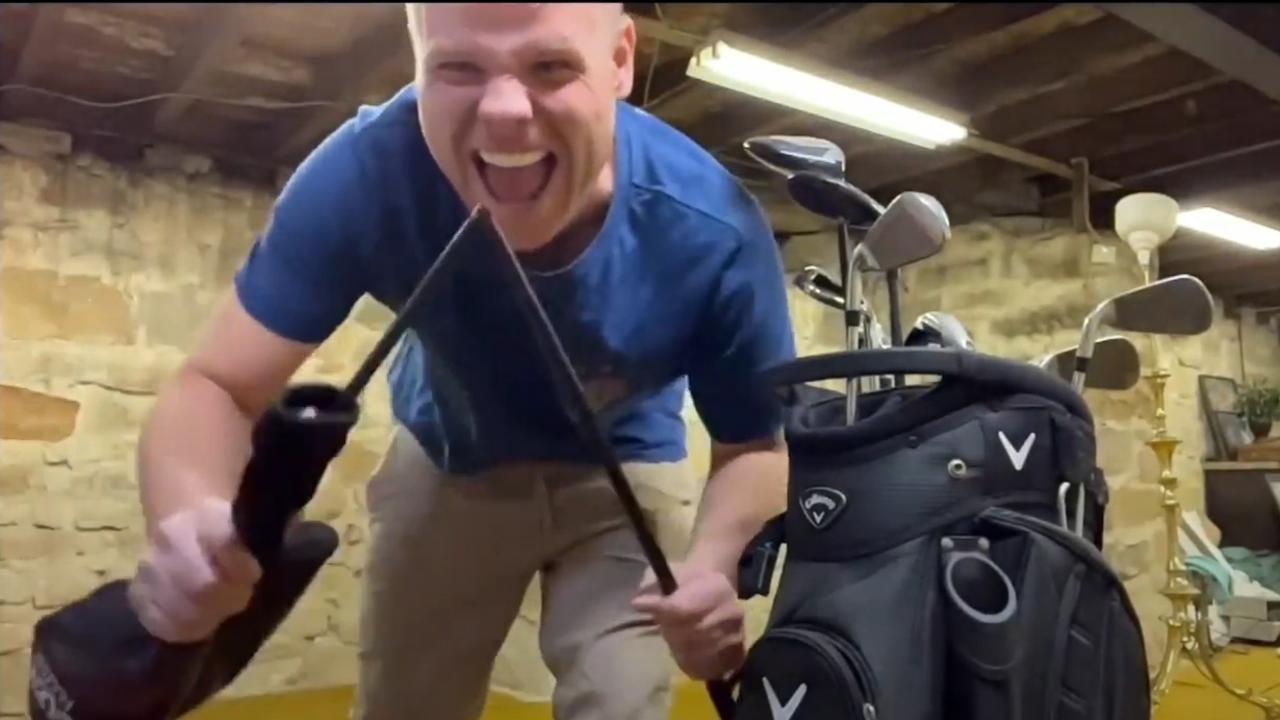 Taylor Auerbach’s social media media in which he breaks Steve Jackson's golf clubs. Picture: Supplied.