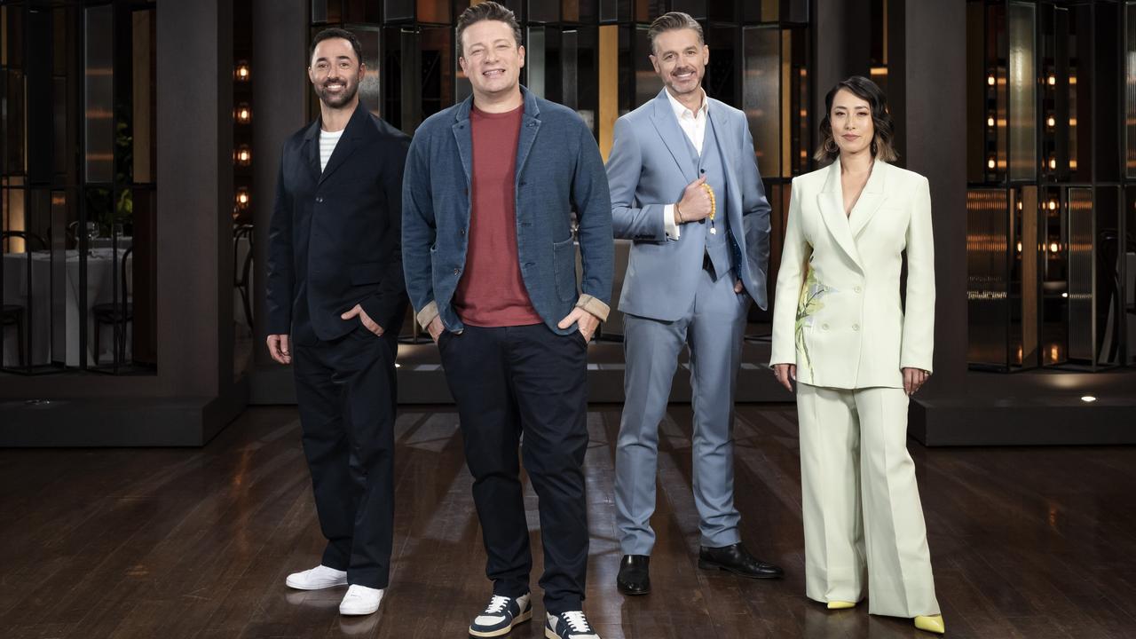 Jock Zonfrillo with fellow MasterChef Australia stars Andy Allen, Jamie Oliver and Melissa Leong. Picture: Supplied/Channel 10