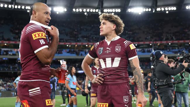 Felise Kaufusi and Reece Walsh react after the game 2 mauling. Picture: Cameron Spencer/Getty Images