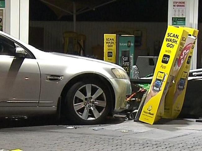 A man has been charged he allegedly crashed a car into a petrol bowser on Marion Rd and flicked burning toilet paper at the pump. Picture: 7NEWS