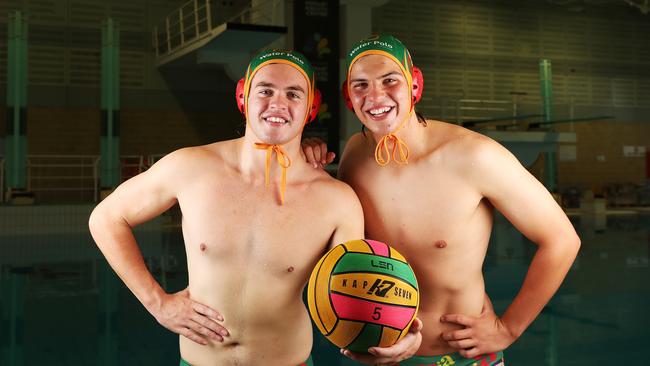 Fearghas Cameron-Sharpe, 18, with Hunter Wright, 17, who have played in the team together since 2015 and will now compete at the Australian Youth Water Polo Championships in Brisbane to represent Tasmania.. Picture: Nikki Davis-Jones