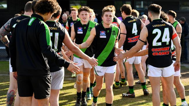 Doveton players run out onto the field during the Southern Football Netball League 2023 Division 2 Senior match between Murrumbeena and Doveton Doves at Murrumbeena Park in Murrumbeena, Victoria on July 8, 2023. (Photo by Josh Chadwick)