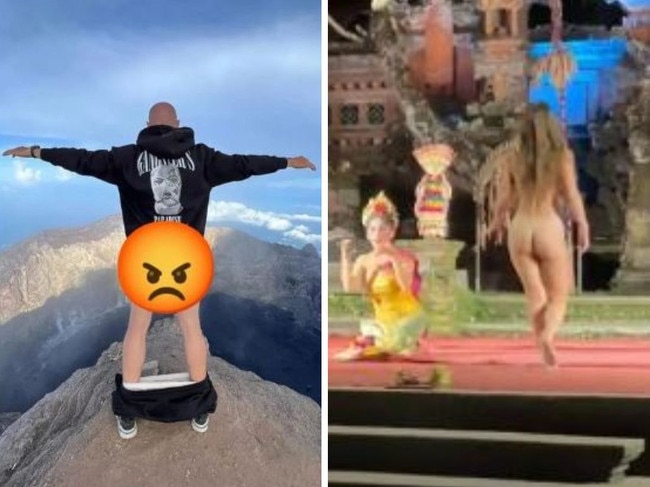 A German woman, identified as Darja Tuschinski, disrupted a Balinese dance performance at a temple in Ubud while completely naked. Picture: Twitter