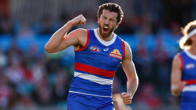 Marcus Bontempelli celebrates an early goal. Picture: Michael Willson/AFL Photos via Getty Images