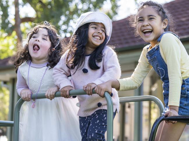 CANTERBURY-BANKSTOWN EXPRESS. Uniting Dove Cottage Early Learning among best in NSW. Kids from the centre Safiya Tlais 5, Enayaa Mahmud 5 and Leilani Lutui 5photographed today 11th September 2019. (AAP/Image Matthew Vasilescu)