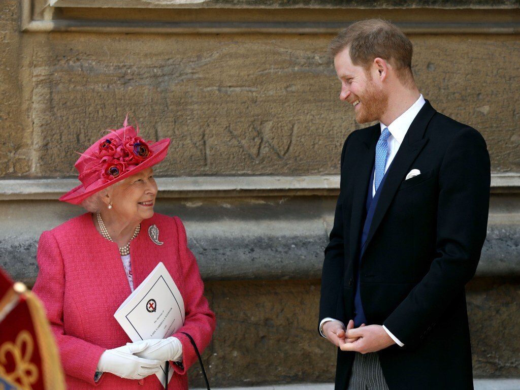WINDSOR, ENGLAND - MAY 18: Queen Elizabeth II speaks with Prince Harry, Duke of Sussex as they leave after the wedding of Lady Gabriella Windsor to Thomas Kingston at St George's Chapel, Windsor Castle on May 18, 2019 in Windsor, England. (Photo by Steve Parsons - WPA Pool/Getty Images)