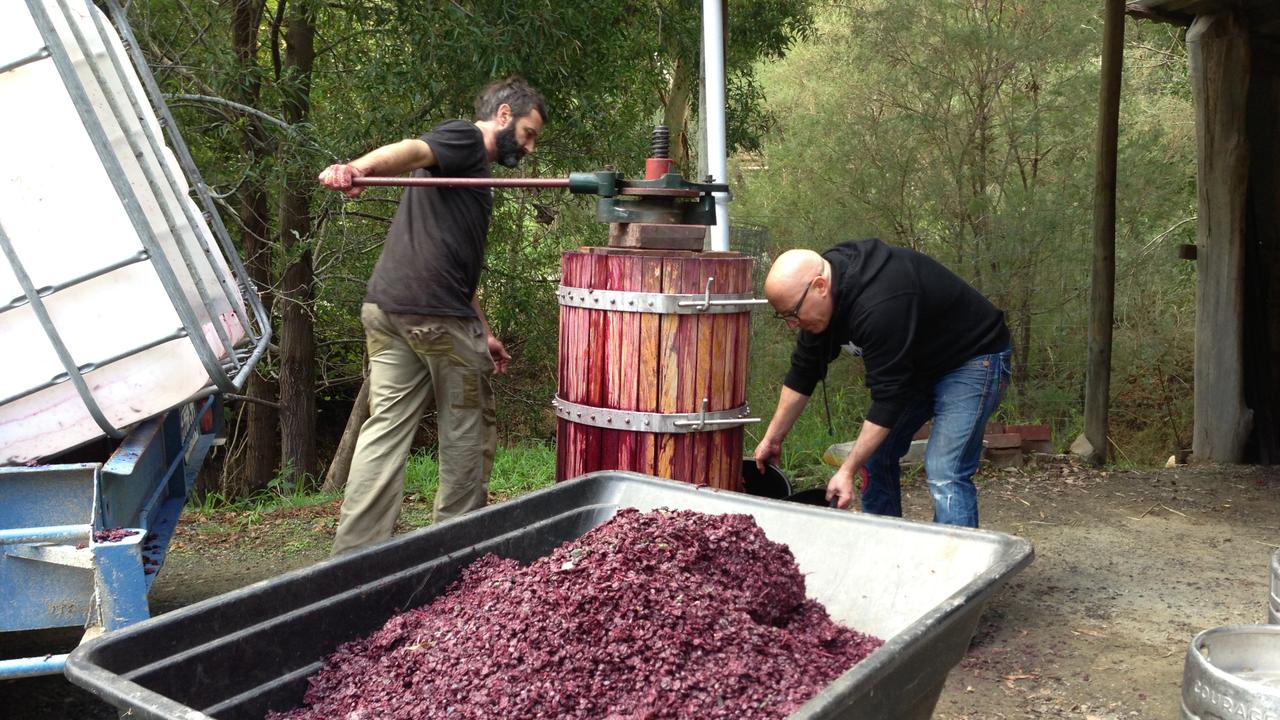 Taras Ochota and Tool frontman Maynard James Keenan making wine together in the Adelaide Hills. Picture: supplied